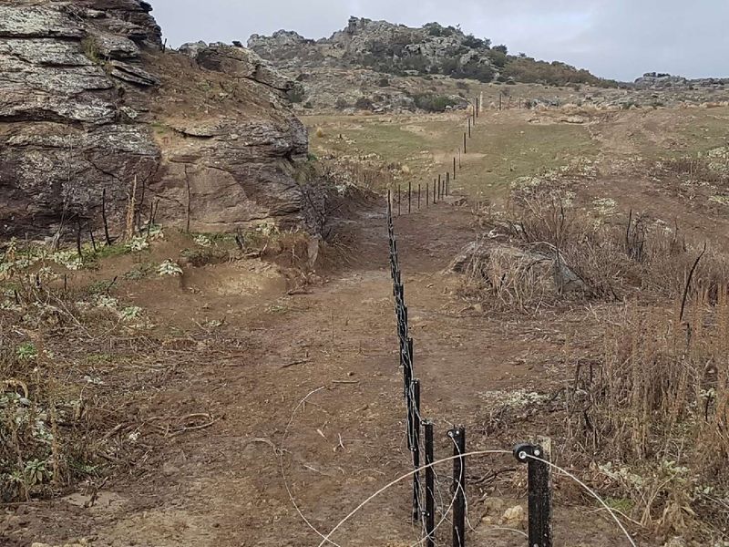 Farm fence line crossing rocky Central Otago schist country